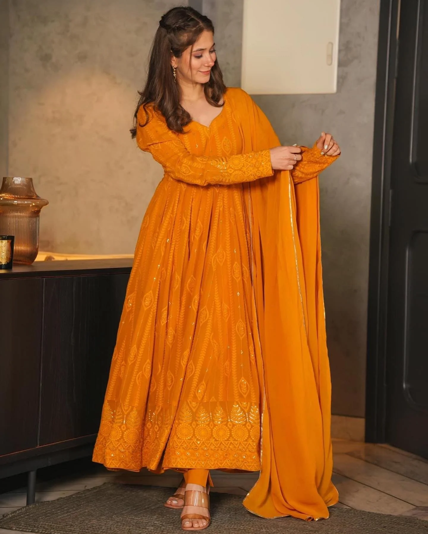 Mustard Embroidered Georgette Sequence Work Anarkali Suit Set